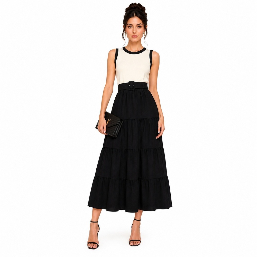Women's Dress by DKNY Sleeveless Tiered Midi Black White 8 New With Tags